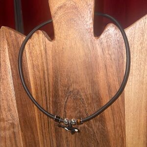 orca whale pendant enamel Black Leather Necklace with Silver Accents 18”